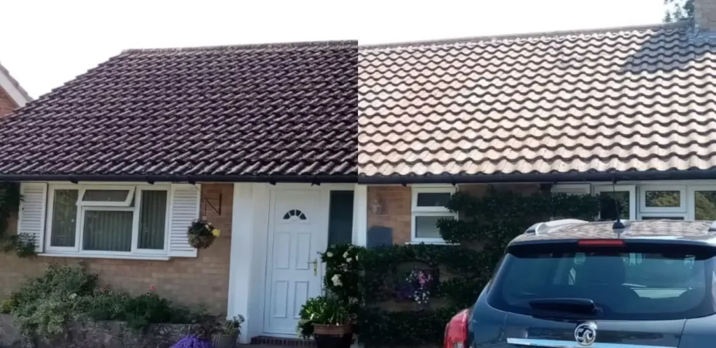 Before and after image of a residential roof cleaning Leicester service restoring a moss-covered roof to clean condition